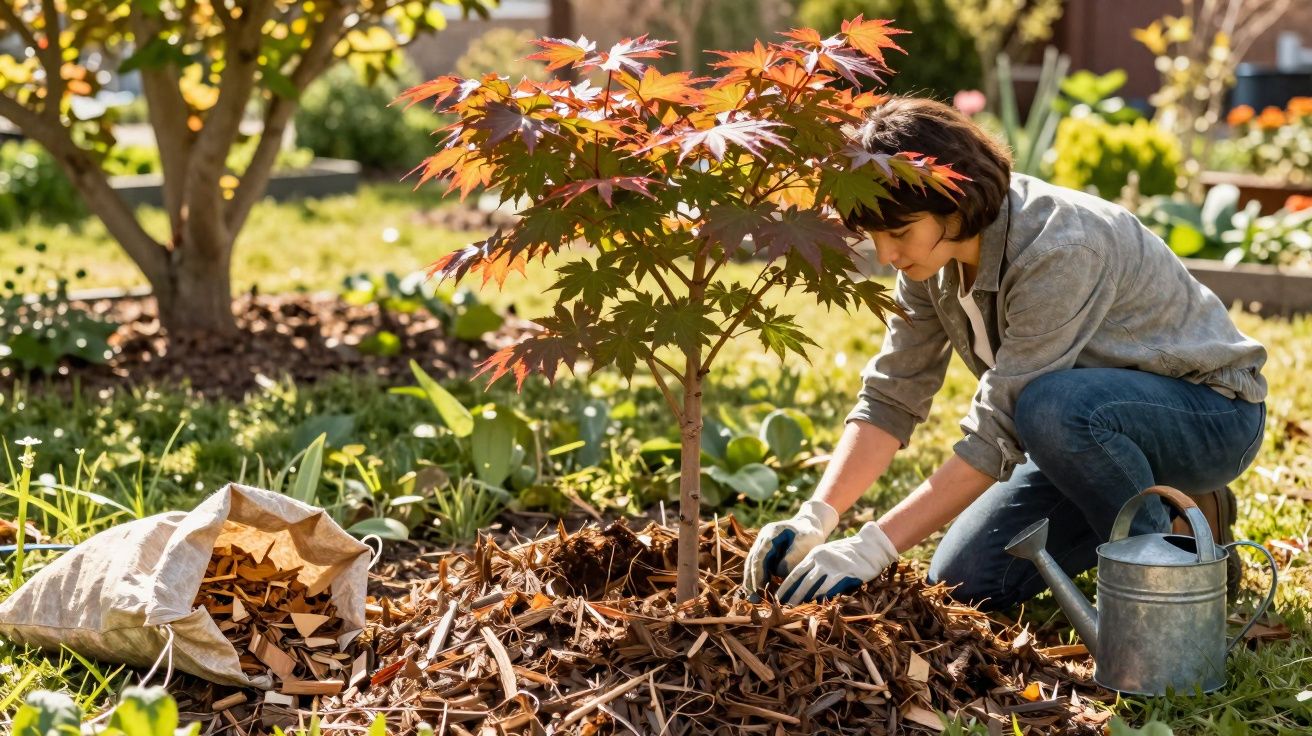 Femme jardinant en protégeant un jeune érable aux feuilles rouges avec un paillage en écorce, arrosoir à ses côtés.