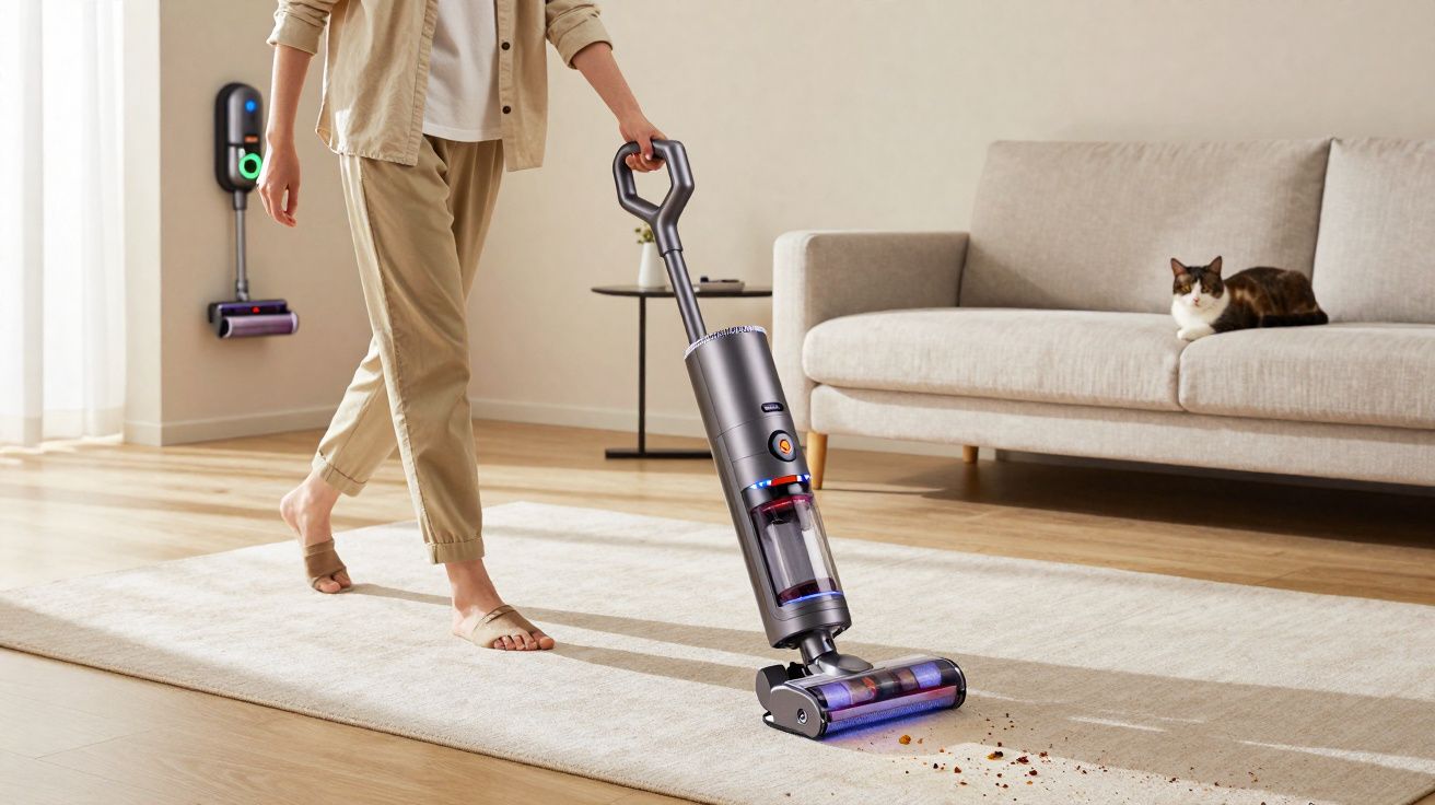 Personne passe l'aspirateur sur un tapis clair dans un salon avec un chat sur le canapé beige.
