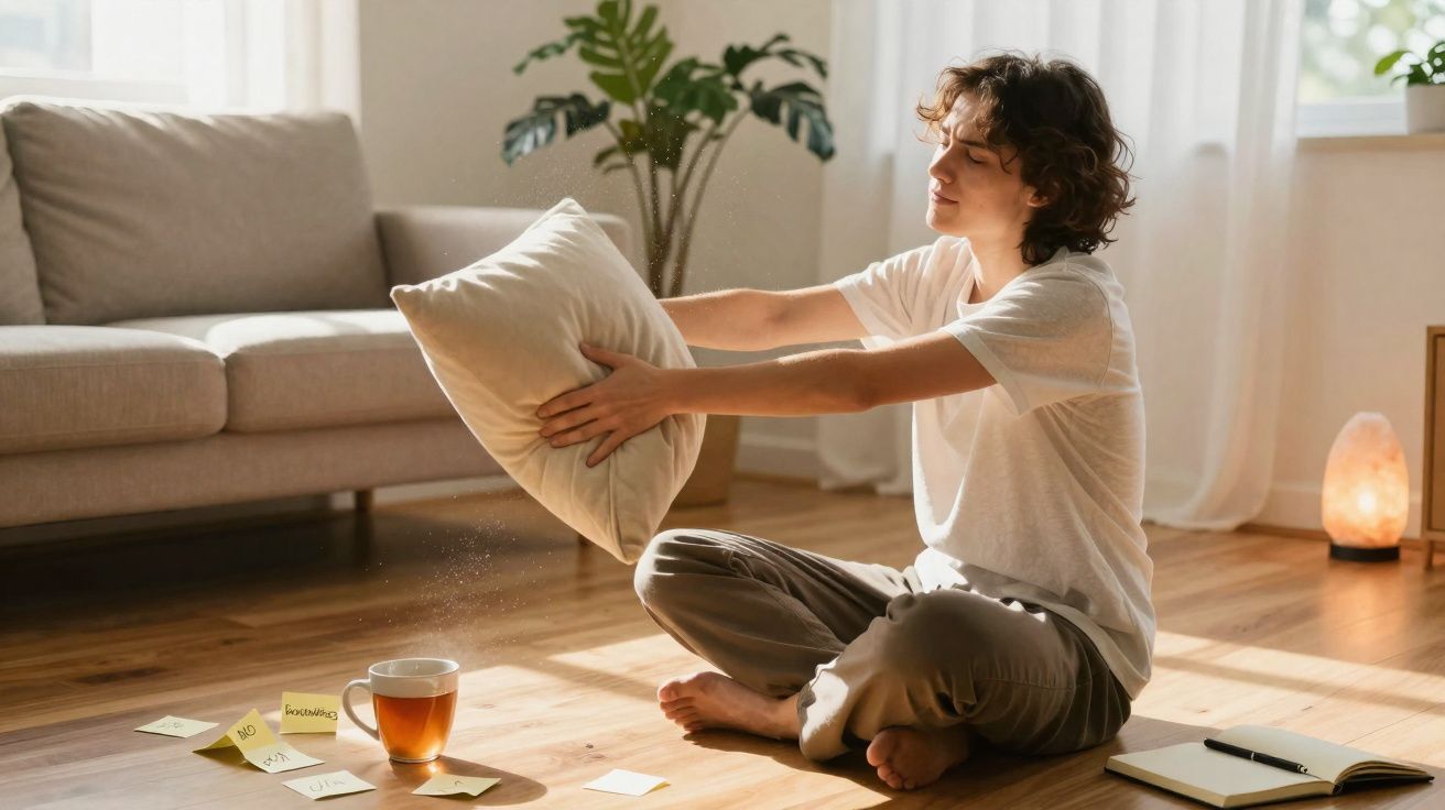 Jeune homme assis par terre secouant un oreiller dans un salon lumineux avec une tasse de thé et des notes.