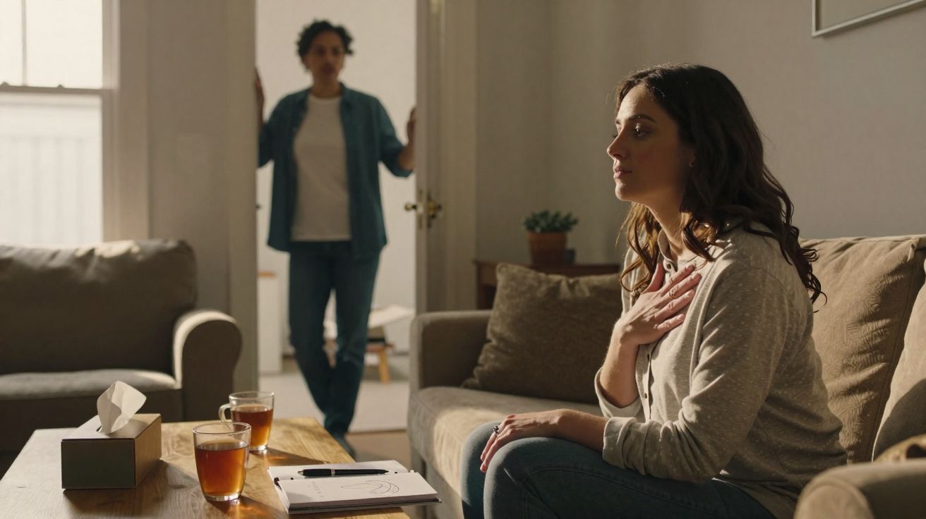 Femme assise sur un canapé, main sur la poitrine, une autre personne debout à la porte dans un salon.