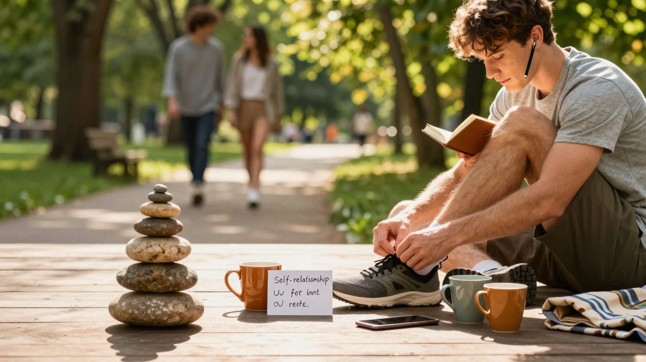 Jeune homme assis dans un parc attachant ses chaussures, avec des tasses, un téléphone et des pierres empilées devant lui.
