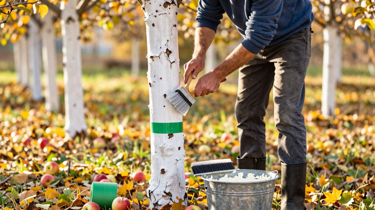 Un homme peint le tronc d’un arbre avec un pinceau dans un verger en automne.