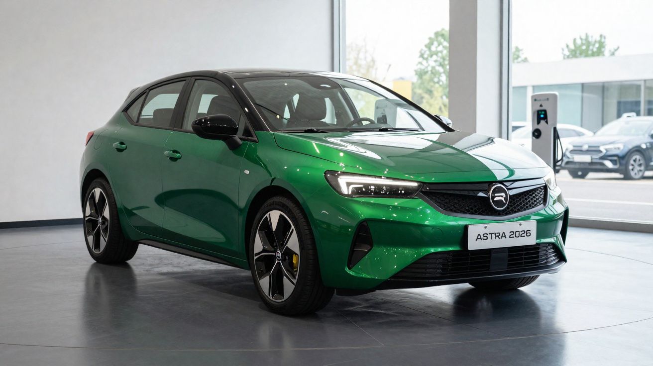 Voiture compacte verte Opel Astra 2026 exposée en intérieur avec toit noir et jantes modernes.