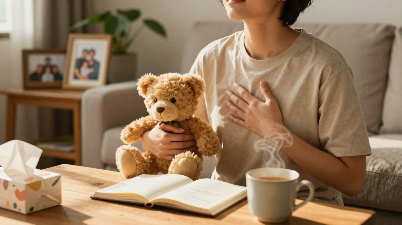 Personne tenant un ours en peluche, main sur la poitrine, avec un livre ouvert et une tasse fumante sur la table.