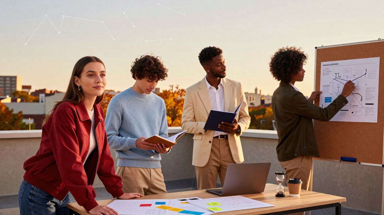 Groupe de quatre jeunes debout autour d'une table de travail avec des plans et un tableau d'affichage en extérieur au coucher