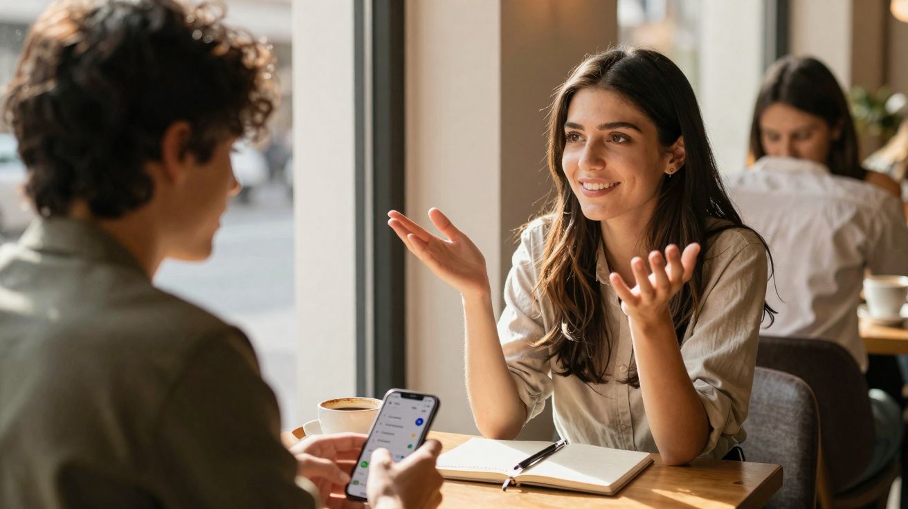 Deux personnes discutent devant une grande fenêtre, une prend des notes, l'autre utilise un smartphone.