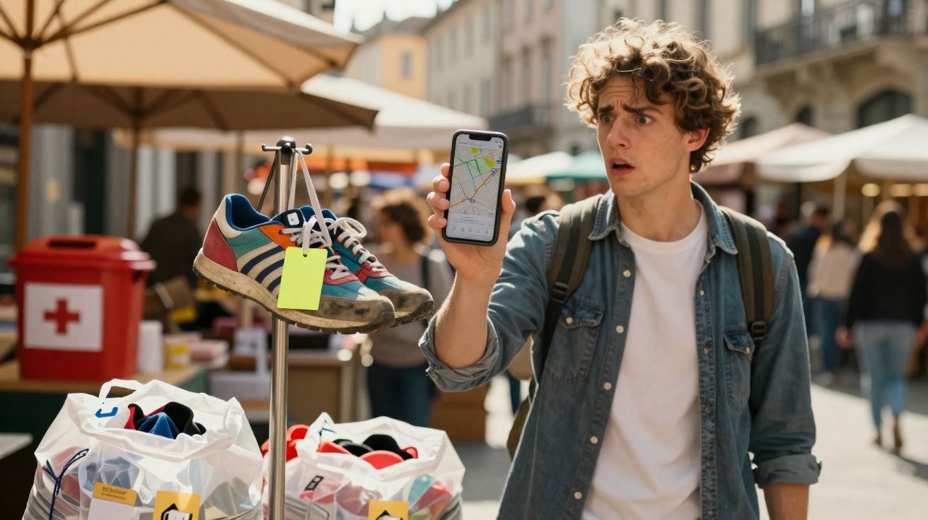 Jeune homme surpris consultant un plan sur smartphone devant stand de chaussures colorées en extérieur.