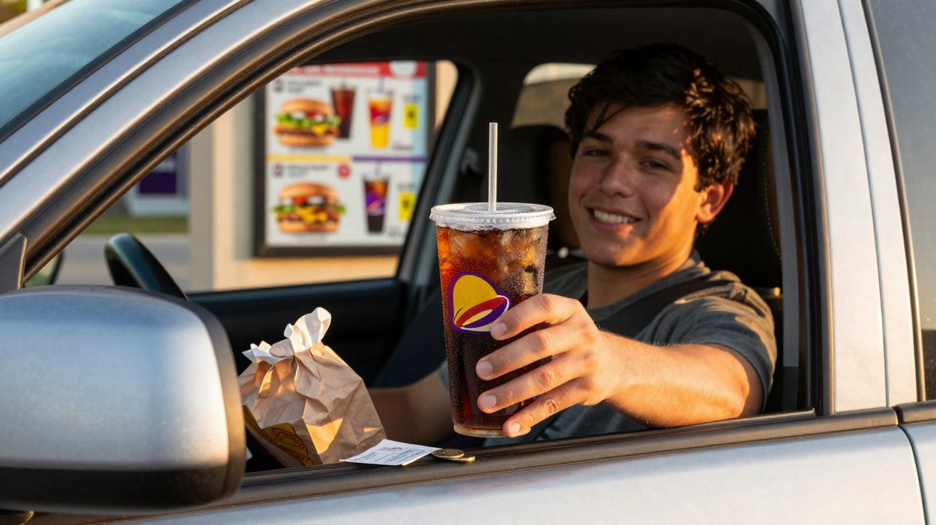 Jeune homme souriant tenant un soda devant son véhicule dans un drive de restauration rapide.