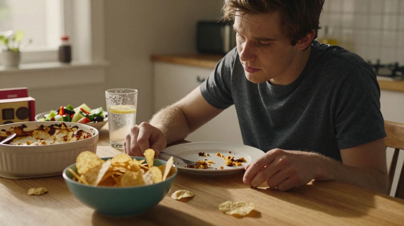 Jeune homme mangeant à table avec bol de chips, plat gratiné et verre d'eau citronnée.