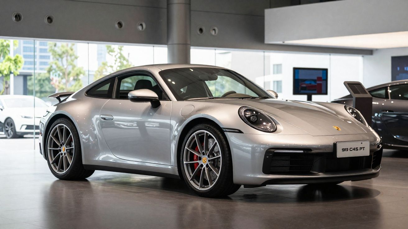 Voiture de sport Porsche 911 argentée exposée dans un showroom moderne avec sol en béton lisse.