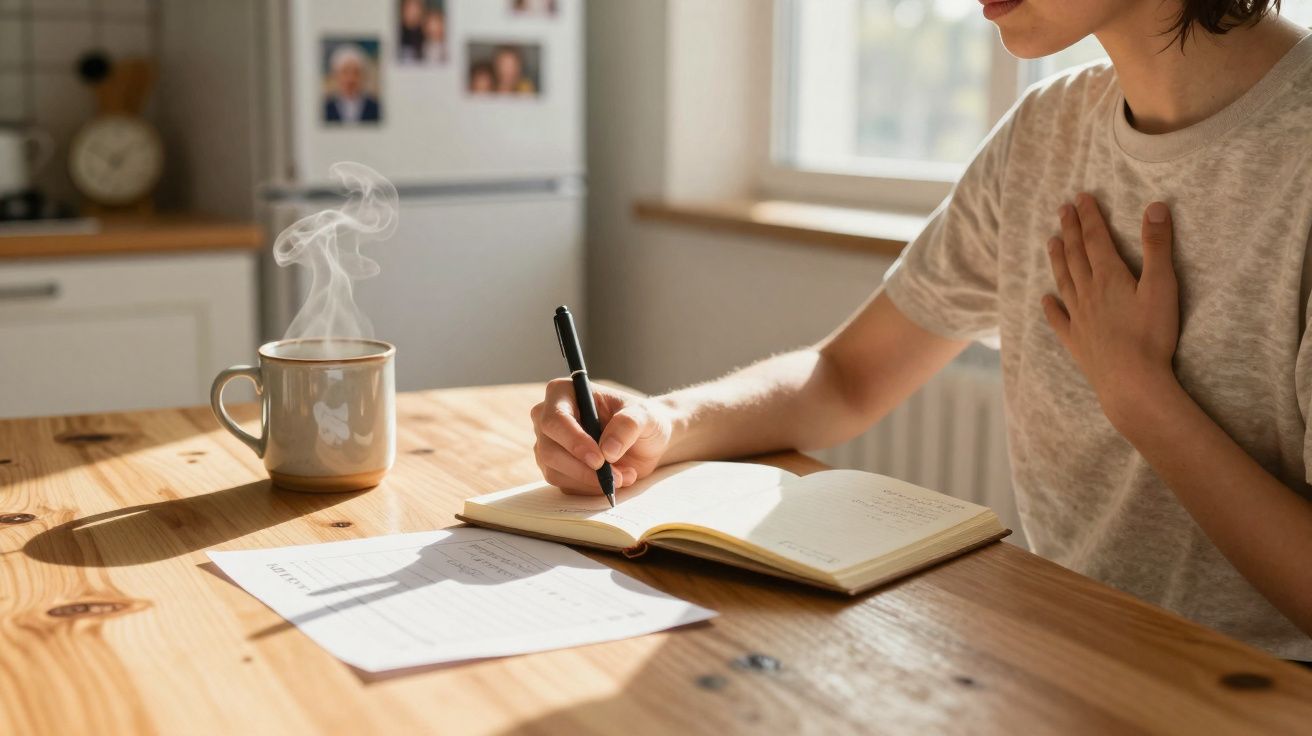 Personne écrivant dans un carnet avec une tasse fumante sur une table en bois près d'une fenêtre.