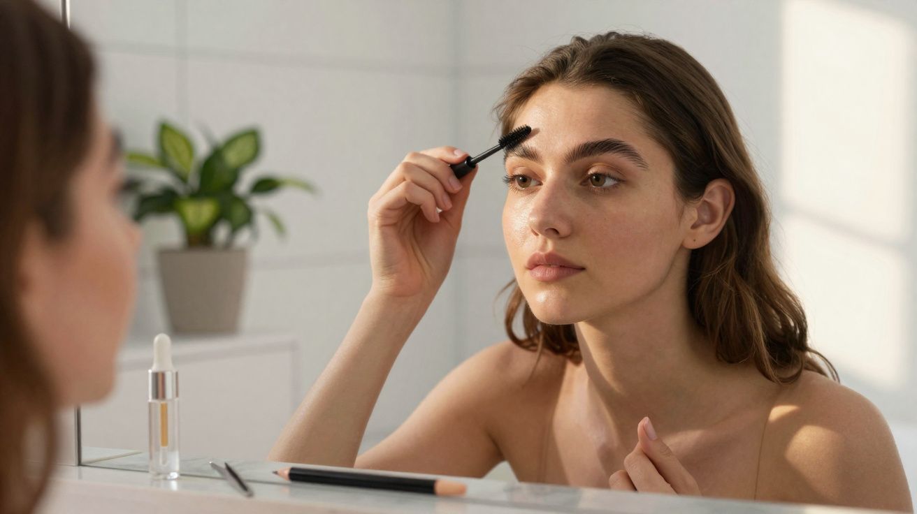 Femme se maquillant les sourcils devant un miroir dans une salle de bain lumineuse.
