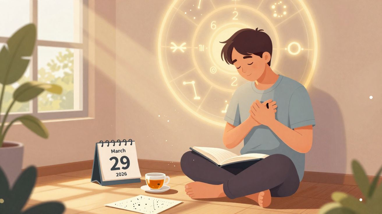 Jeune homme assis par terre, lisant un livre avec des symboles astrologiques lumineux en arrière-plan.