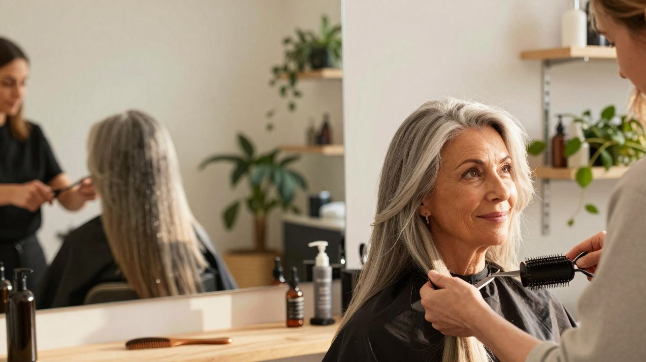 Une femme âgée souriante se fait coiffer dans un salon moderne avec des plantes en arrière-plan.