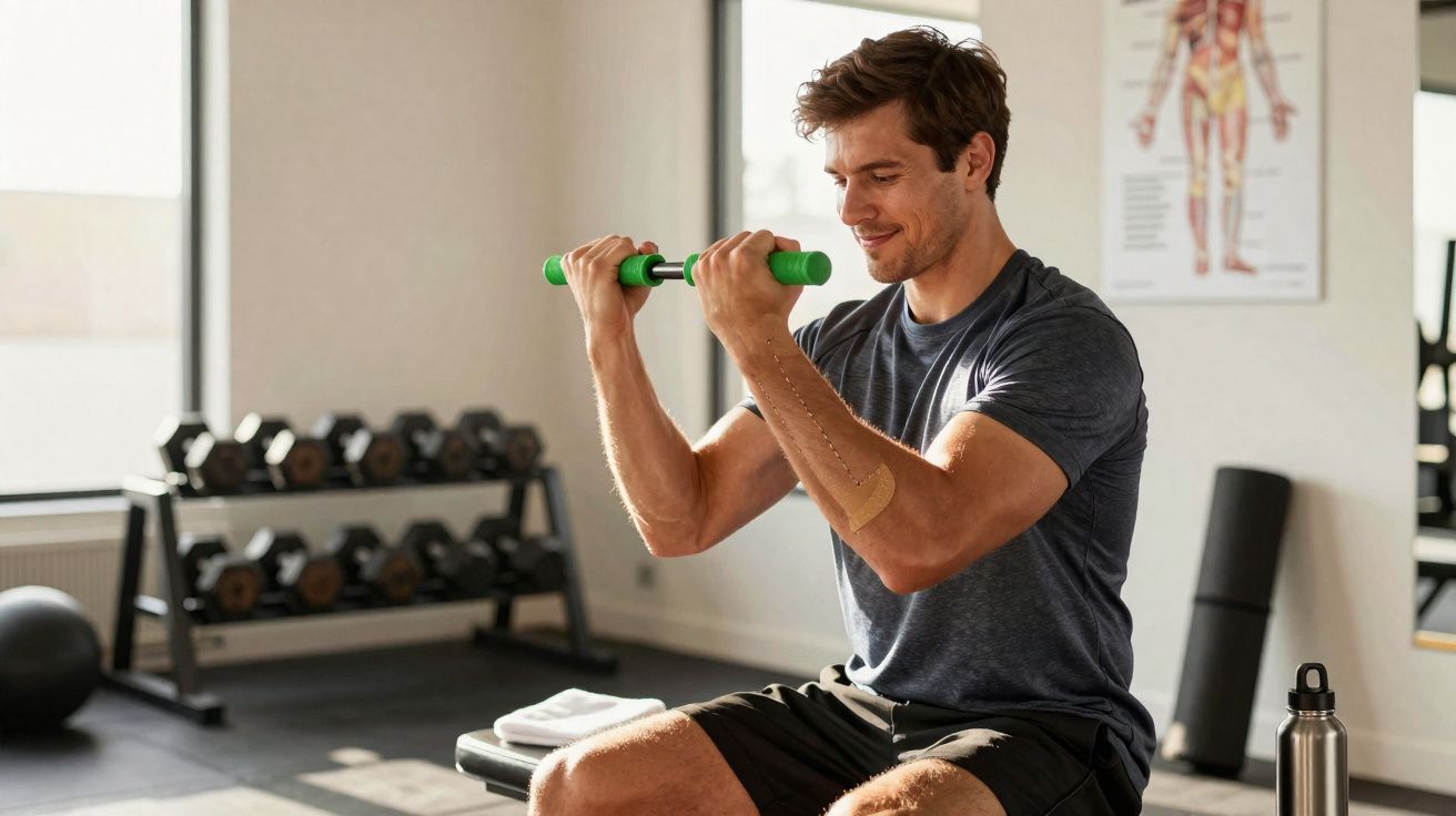 Homme souriant assis dans une salle de sport, tenant un appareil de musculation vert pour les bras.