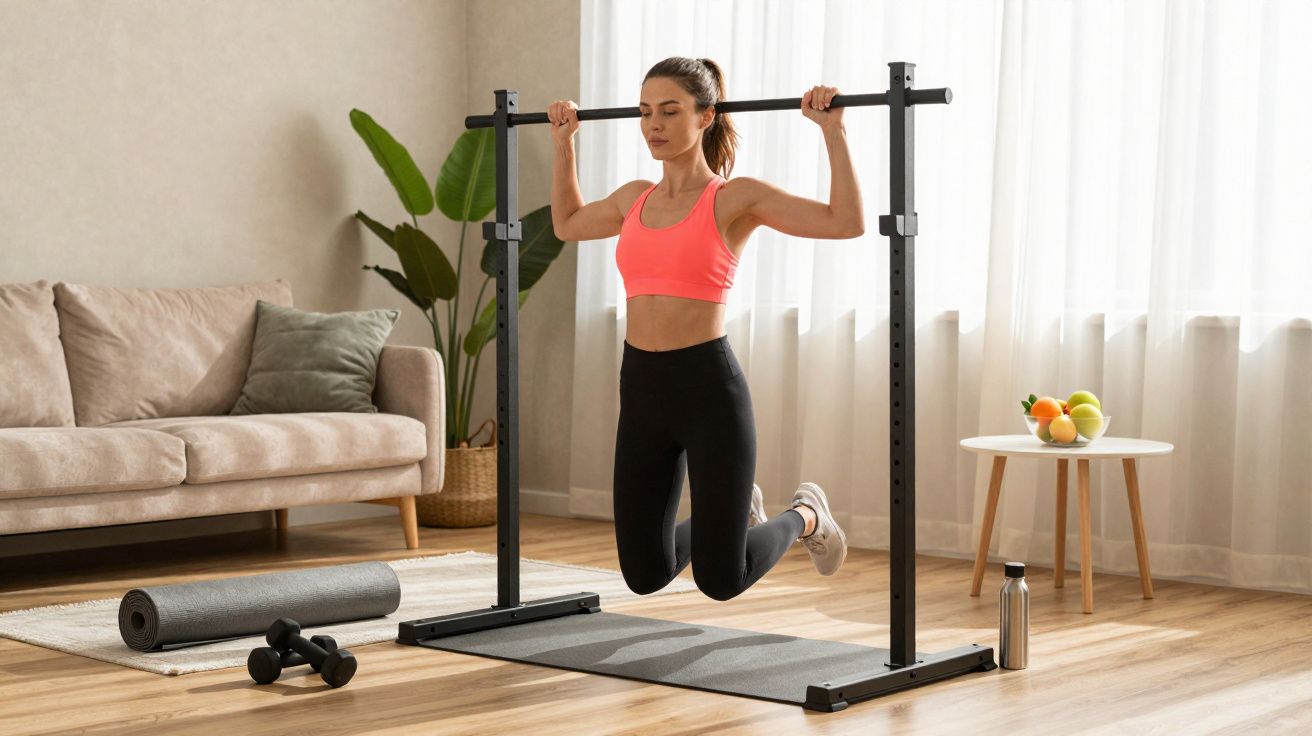 Femme effectuant des tractions avec une barre de musculation dans un salon lumineux et moderne.