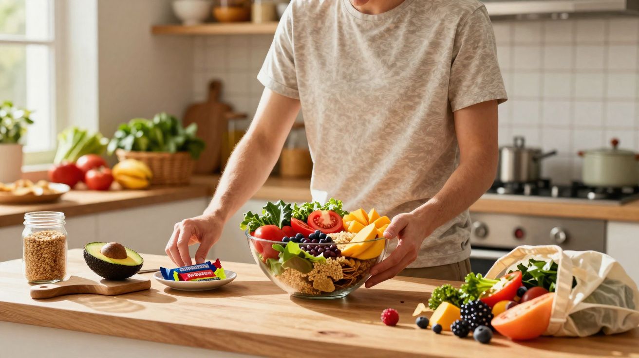 Personne préparant un bol de salade colorée avec légumes frais et fruits dans une cuisine lumineuse.