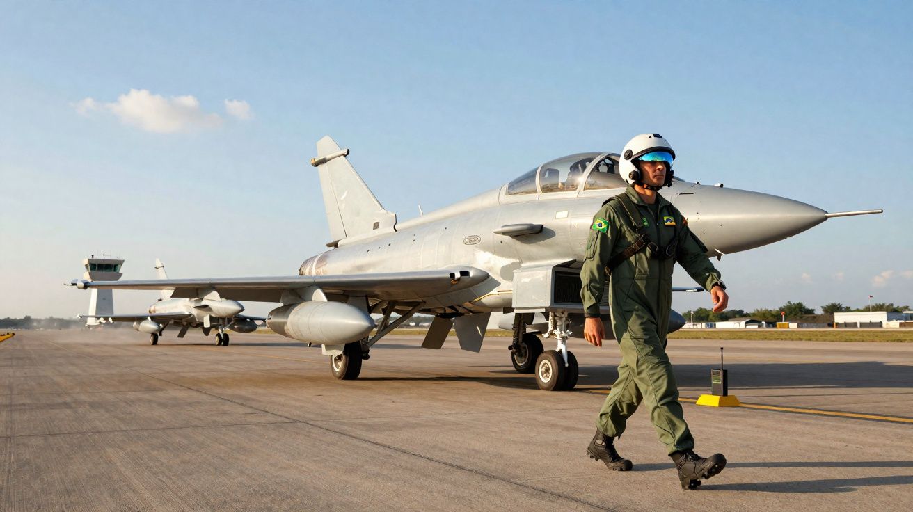 Un pilote en combinaison verte et casque blanc marche devant un avion de chasse sur une piste.