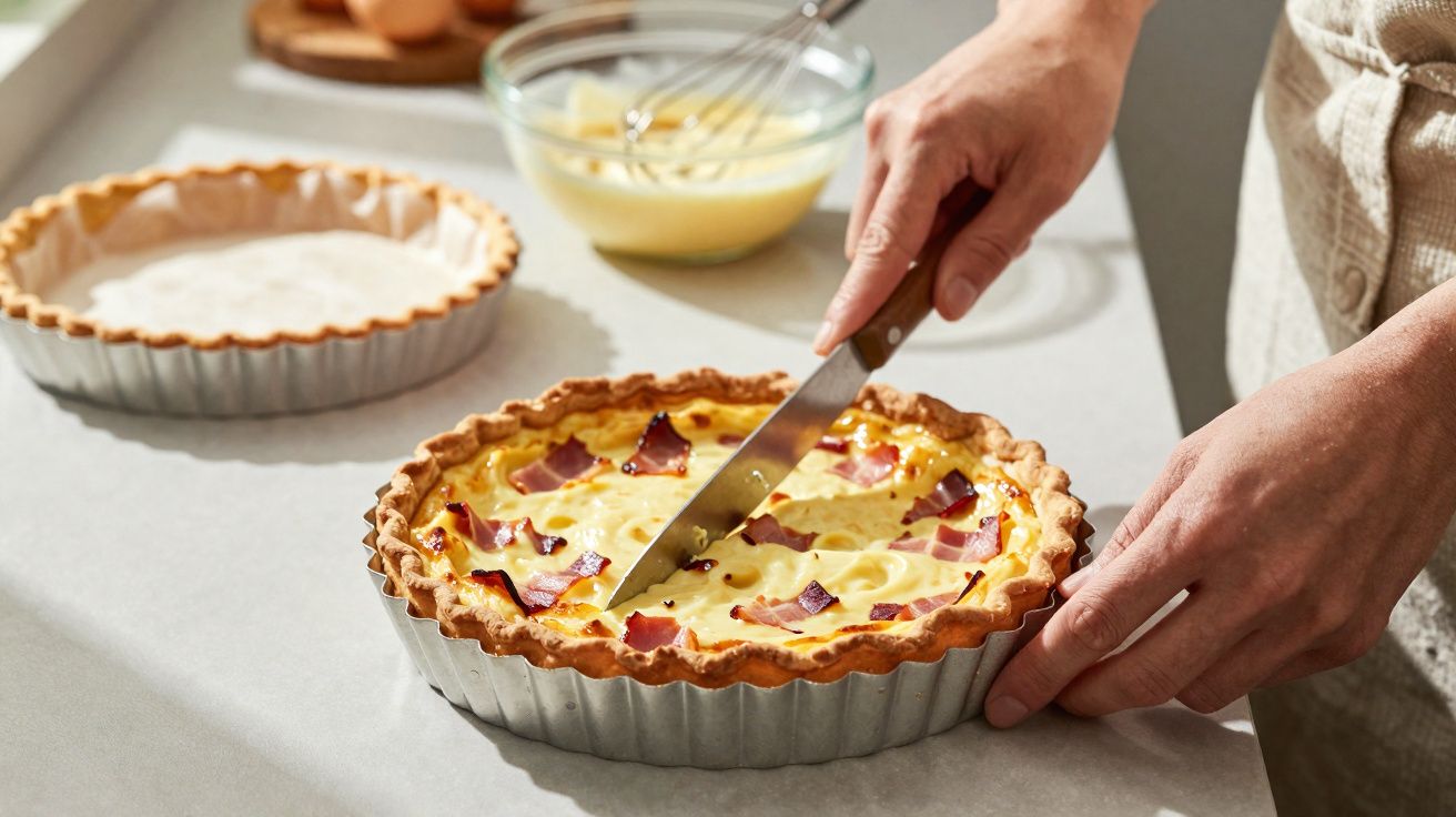Une personne coupe une tarte salée aux lardons dans un moule métallique sur un plan de travail clair.