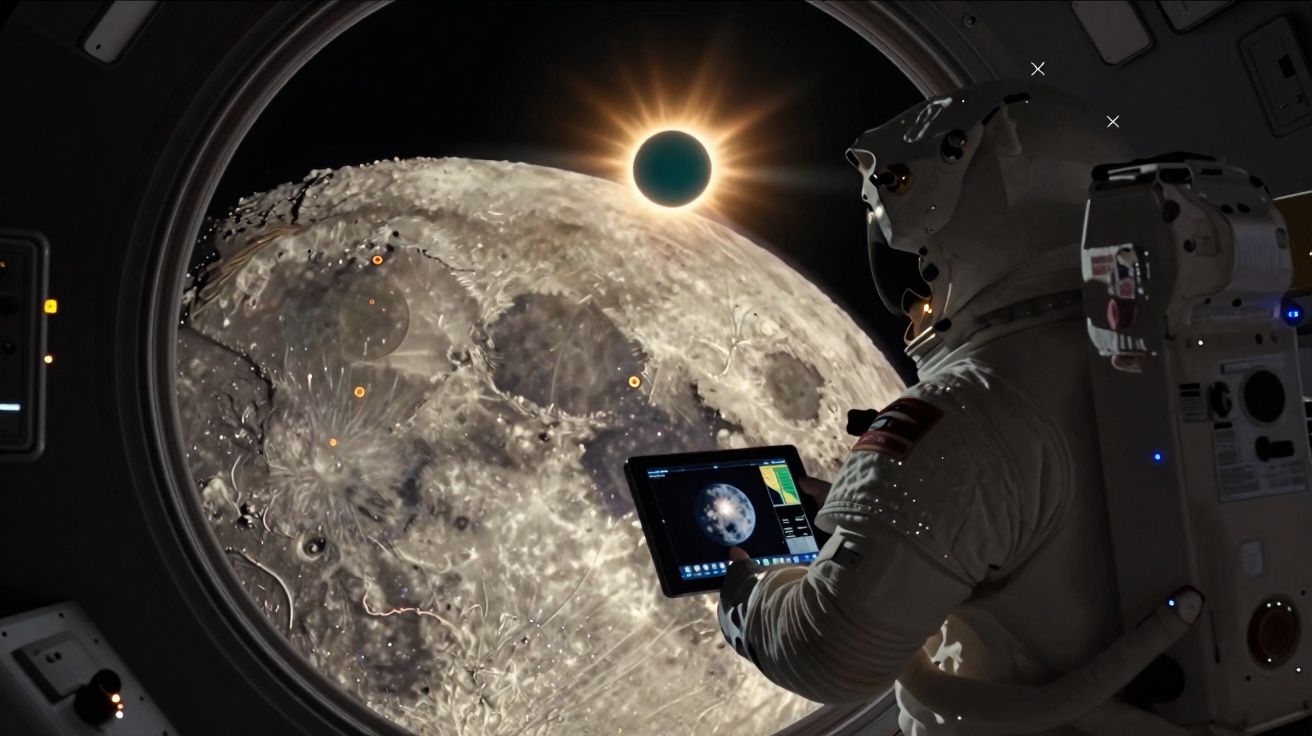 Astronaute observant une éclipse solaire depuis une fenêtre spatiale avec la surface lunaire en arrière-plan.