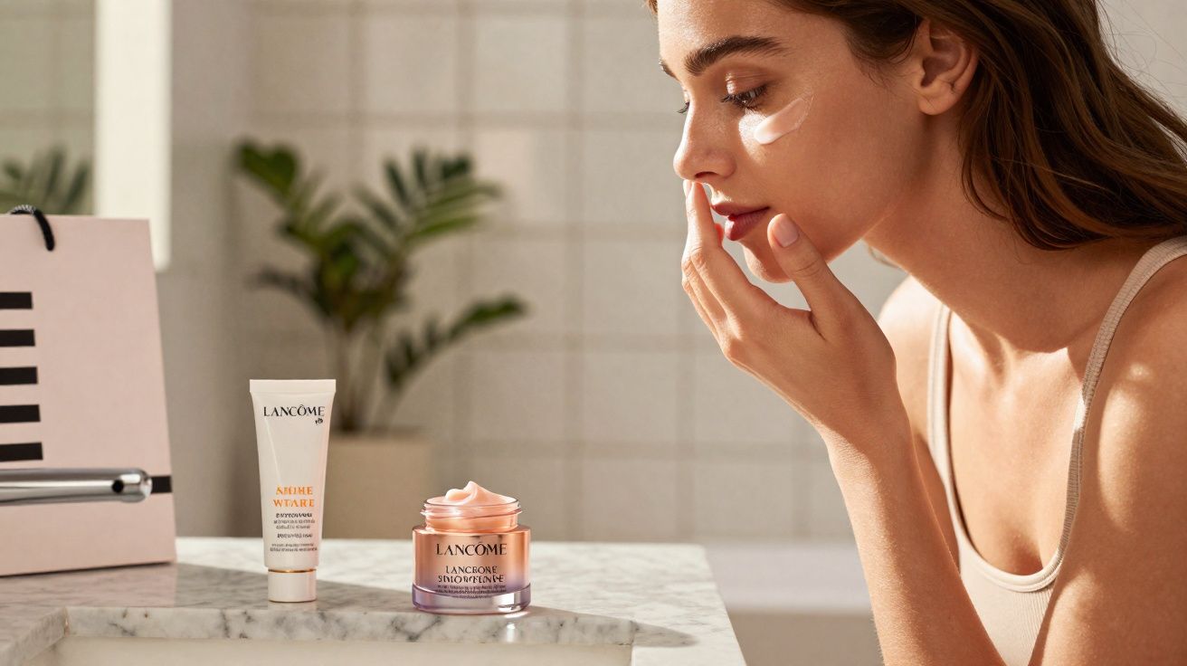 Femme appliquant un soin contour des yeux devant un lavabo avec des produits de beauté Lancôme posés dessus.
