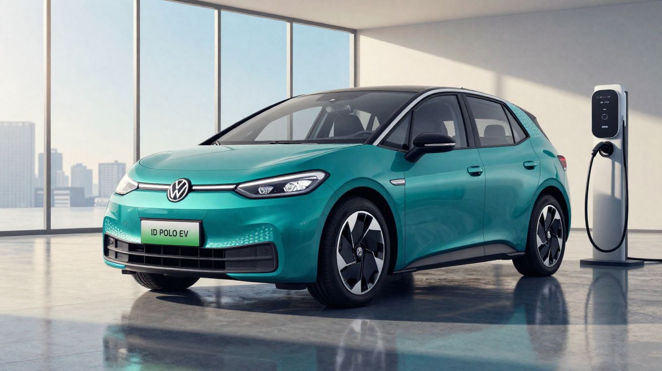 Voiture électrique Volkswagen ID Polo EV turquoise en recharge dans un showroom moderne et lumineux.