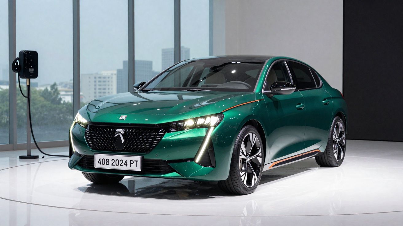 Voiture électrique Citroën 408 2024 verte exposée en showroom avec borne de recharge visible en arrière-plan.