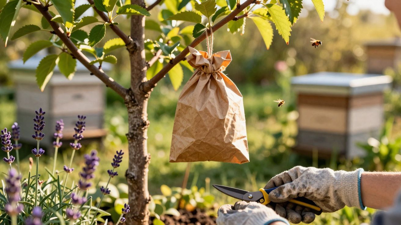 Sac en papier suspendu à un arbre près de ruches avec abeilles et lavande, mains gantées tenant un sécateur.