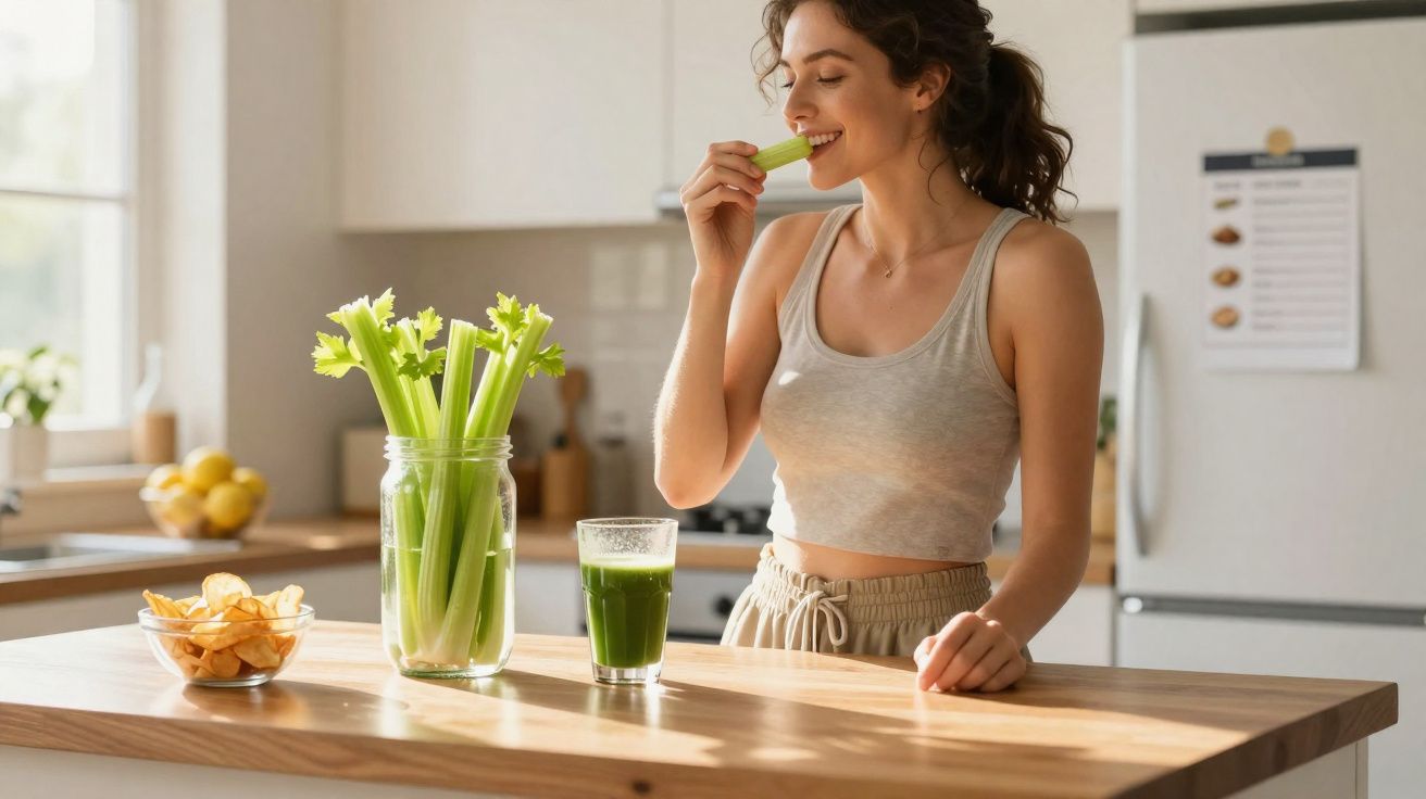 Femme souriante mangeant du céleri dans une cuisine lumineuse avec un verre de jus vert et des chips.