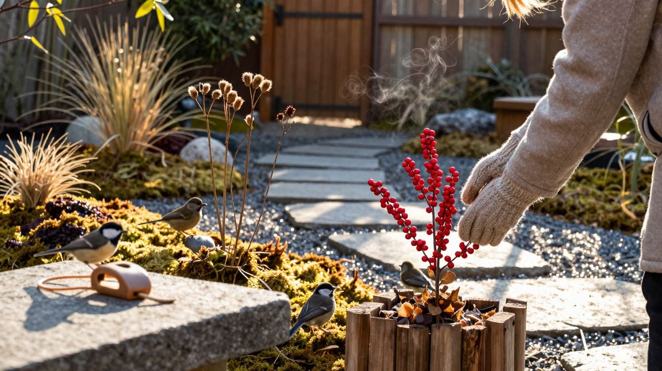 Une personne en gants tient une branche de baies rouges dans un jardin avec des oiseaux et un chemin en pierre.
