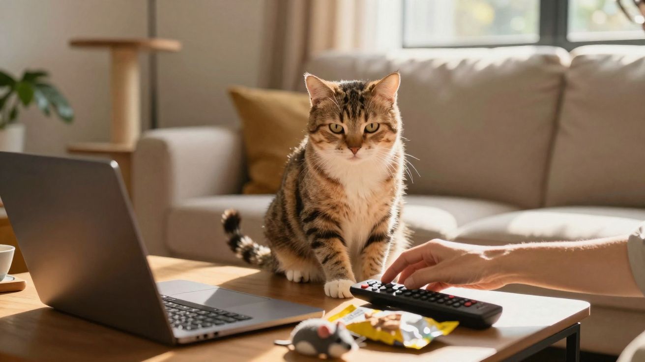 Chat tigré assis sur une table devant un ordinateur portable avec une main tenant une télécommande.