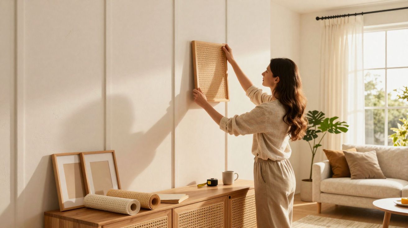 Femme accrochant un cadre en osier sur un mur blanc dans un salon lumineux et décoré avec canapé et plante.