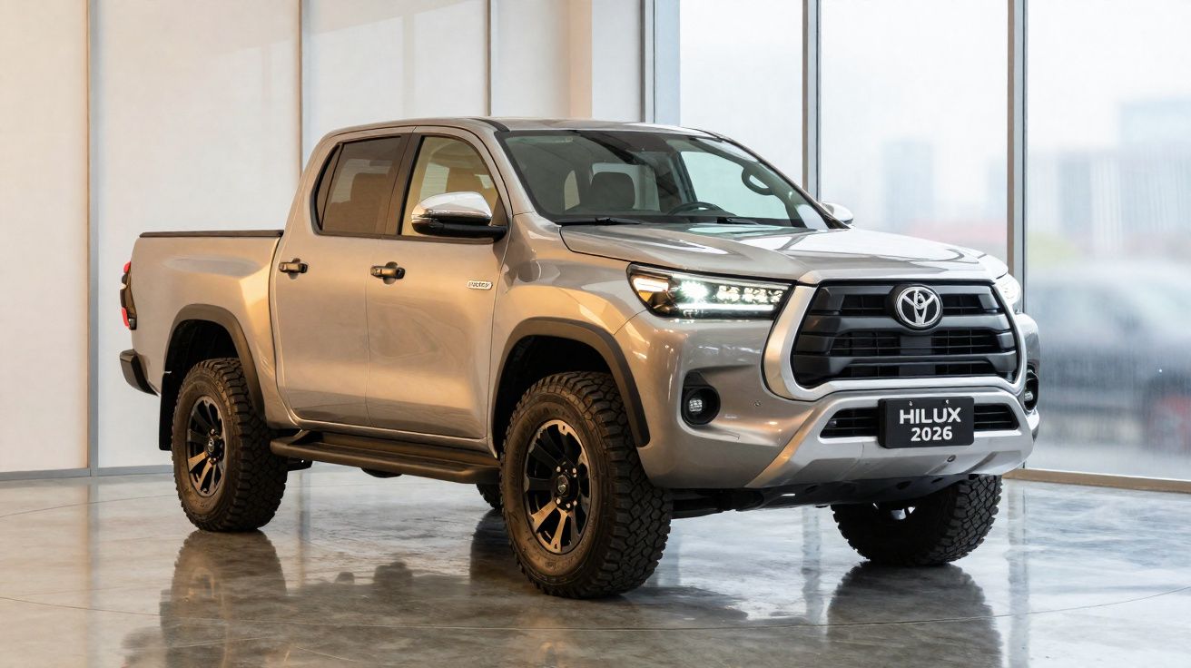Pick-up Toyota Hilux gris 2026 exposé dans un showroom lumineux avec sol en marbre réfléchissant.