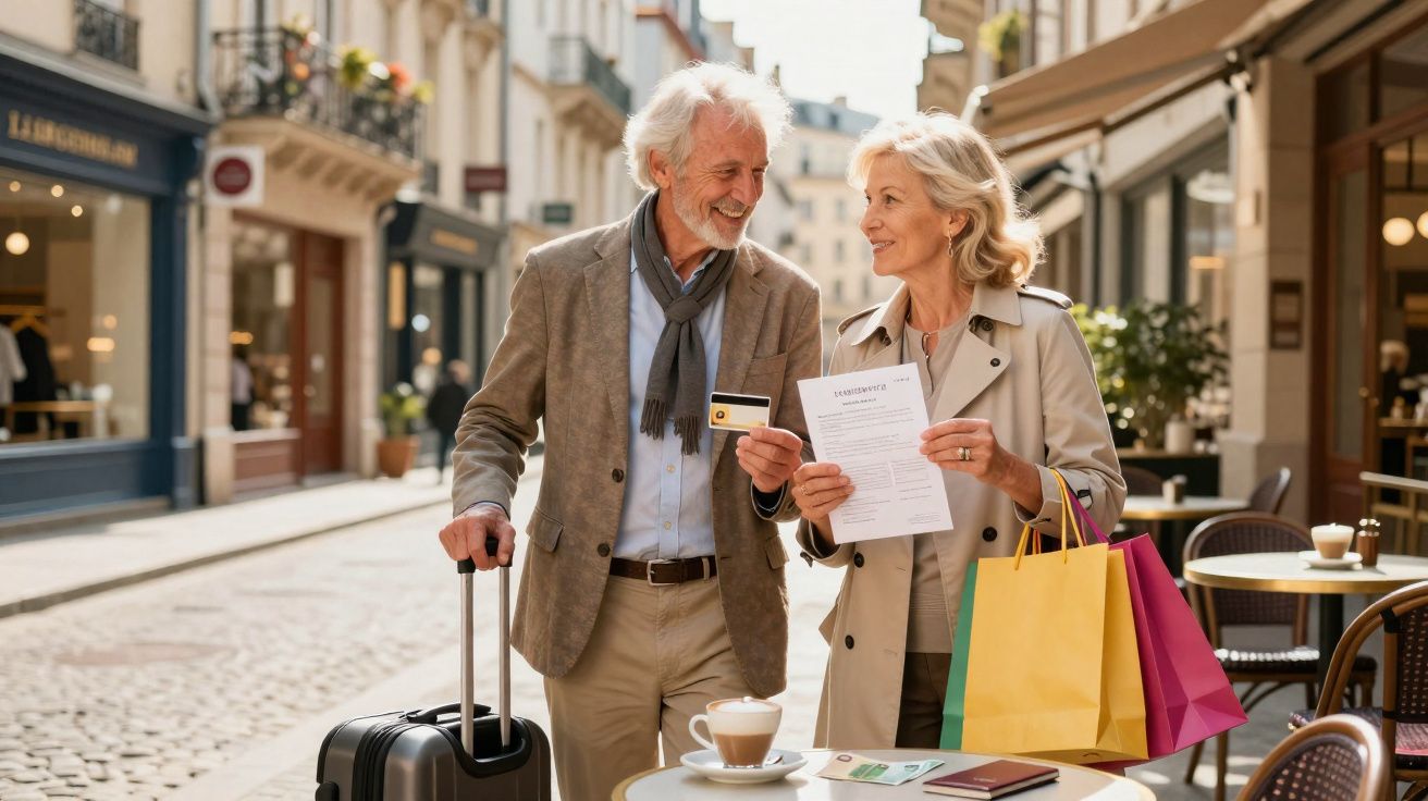 Couple senior souriant avec valise, cartes de crédit et papiers en terrasse d’un café en ville.