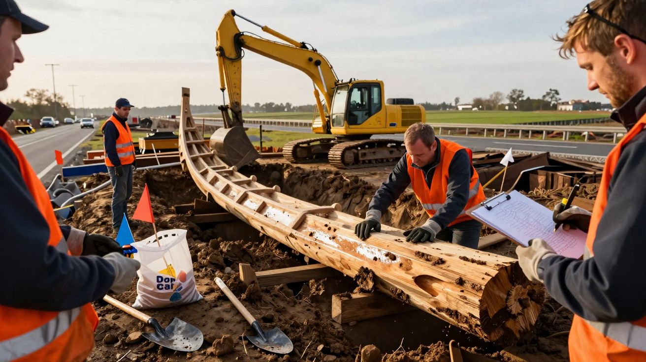 Travailleurs en gilet orange examinent un grand squelette en bois sur un chantier avec pelle mécanique.