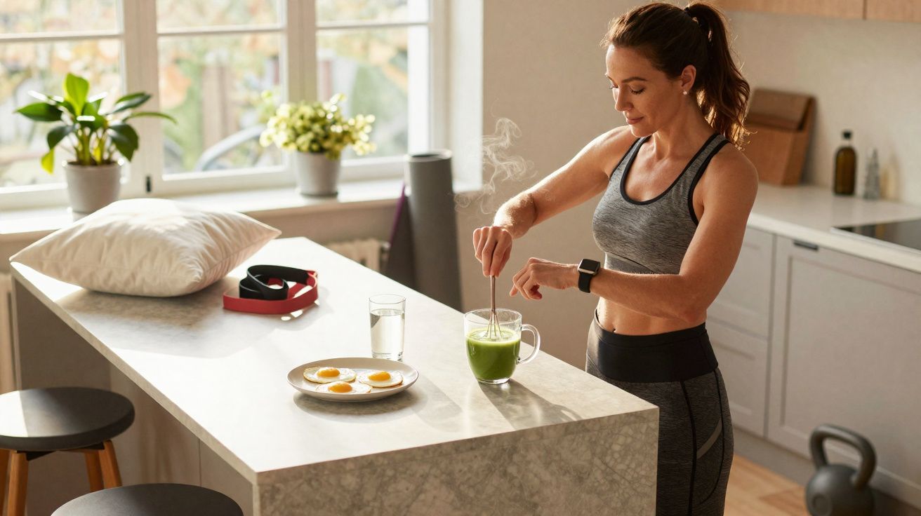 Femme en tenue de sport préparant une boisson verte chaude dans une cuisine lumineuse et moderne.