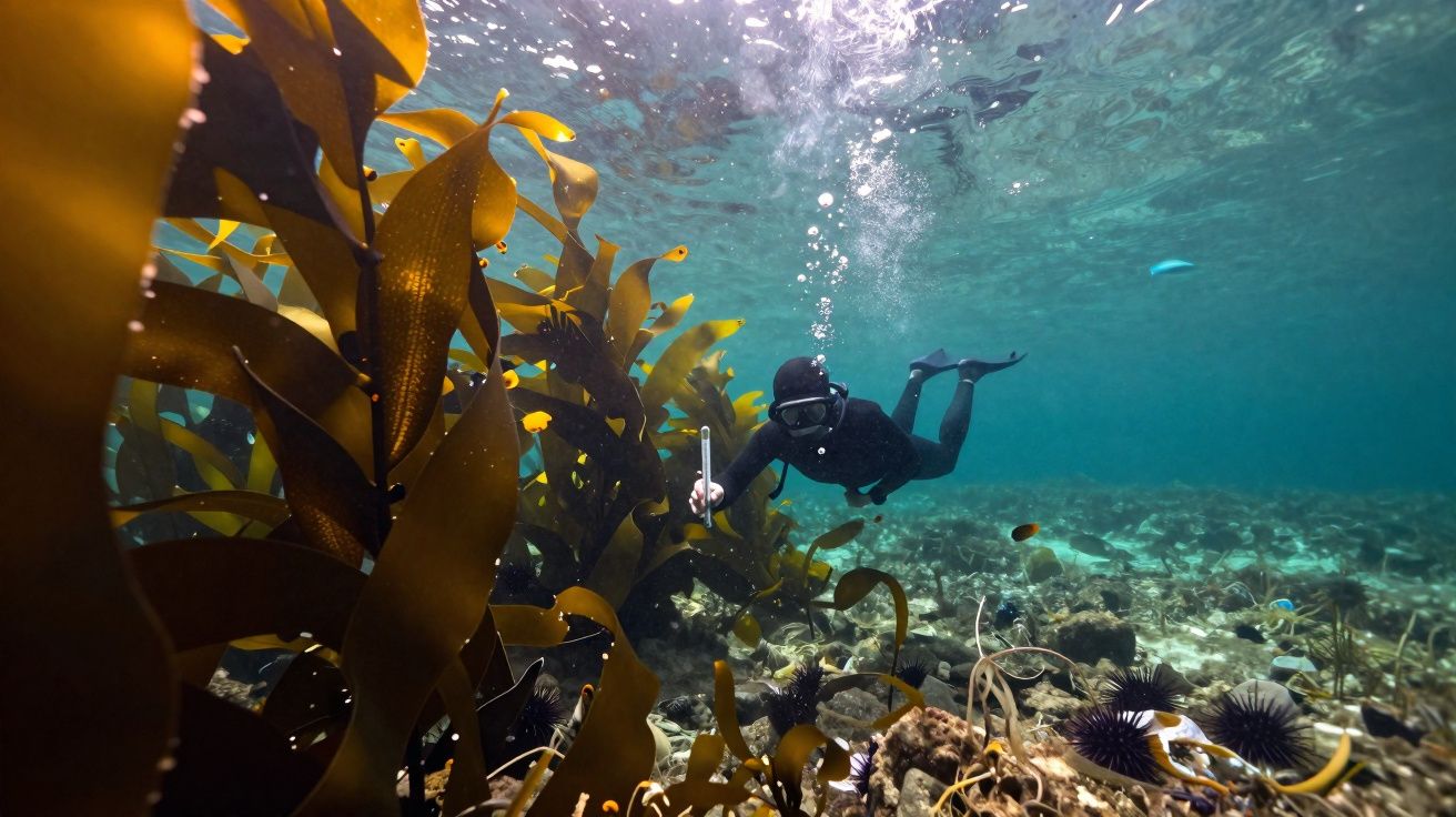 Plongeur en combinaison noire explore une forêt de kelp sous-marine entourée de poissons et d'oursins.