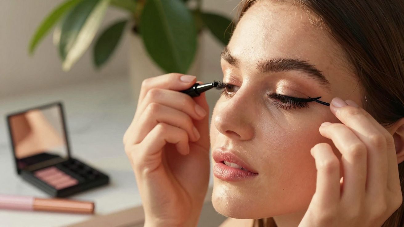 Jeune femme appliquant un eye-liner noir avec une palette de maquillage en arrière-plan.