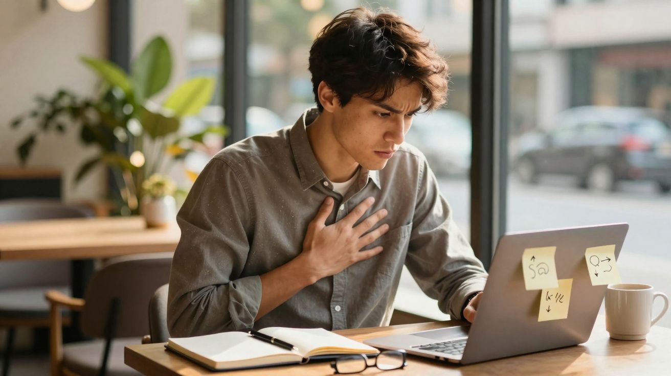 Jeune homme frustré tenant sa poitrine en travaillant devant un ordinateur portable dans un café lumineux.
