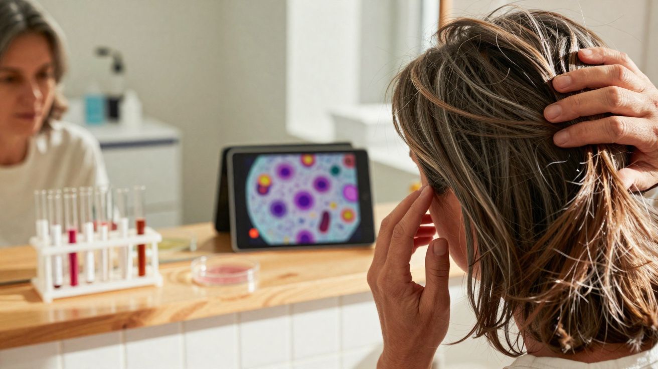 Femme regardant un écran montrant des cellules agrandies, avec des tubes à essai et une autre personne floue en arrière-plan.