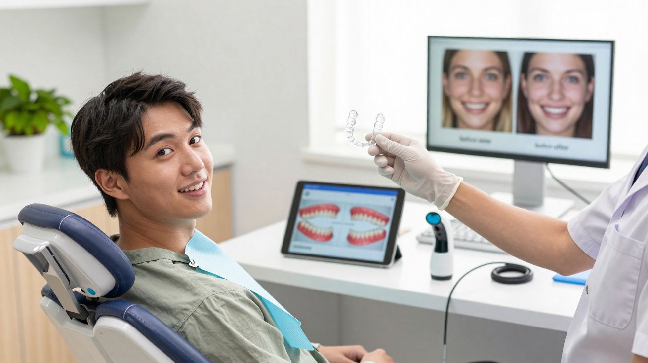 Un patient souriant dans un fauteuil dentaire, un dentiste lui montrant un aligneur dentaire transparent.