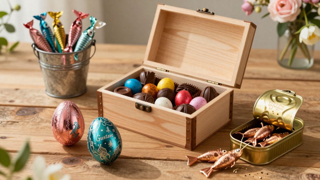 Boîte en bois ouverte avec chocolats colorés, œufs en chocolat décorés et bonbons poissons sur table en bois.