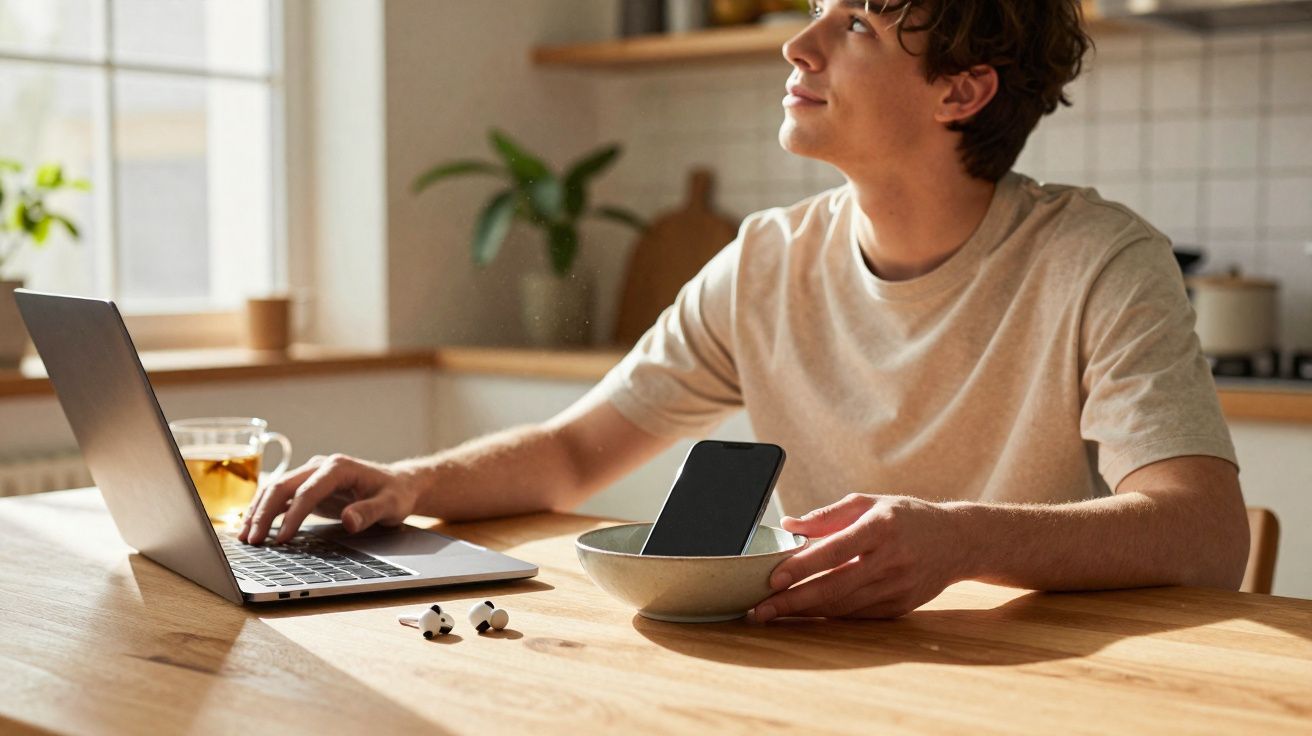 Jeune homme dans une cuisine utilisant un ordinateur portable avec un téléphone dans un bol et des écouteurs posés sur la tab