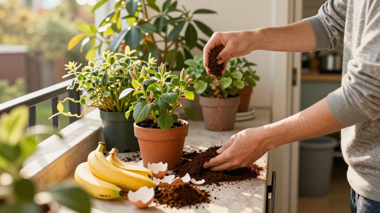 Personne ajoutant du terreau aux plantes en pot sur un balcon ensoleillé avec des bananes et coquilles d'œufs.