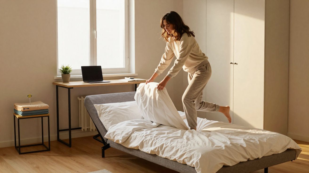 Femme habillée en vêtements confortables faisant le lit dans une chambre lumineuse et minimaliste.