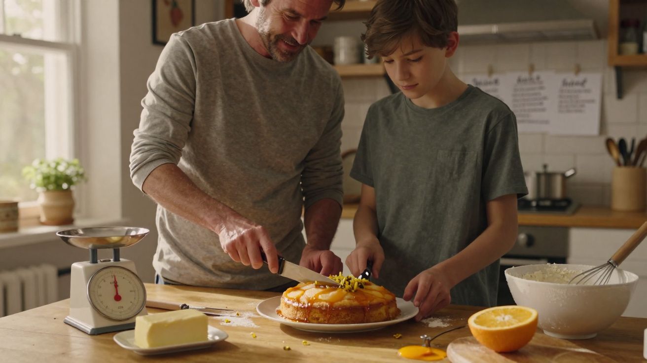 Un homme et un garçon décorent un gâteau dans une cuisine lumineuse avec des ingrédients sur la table.