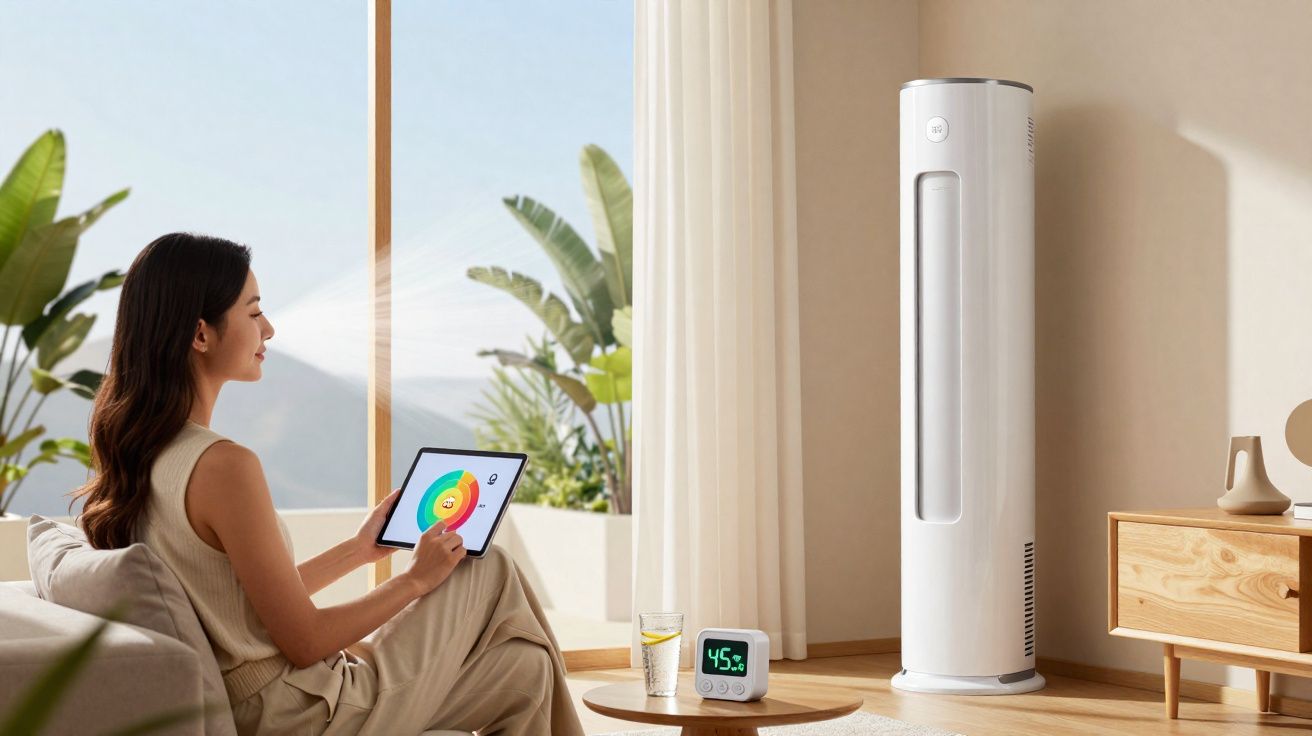 Femme assise sur un canapé contrôlant la climatisation avec une tablette dans un salon lumineux et moderne.