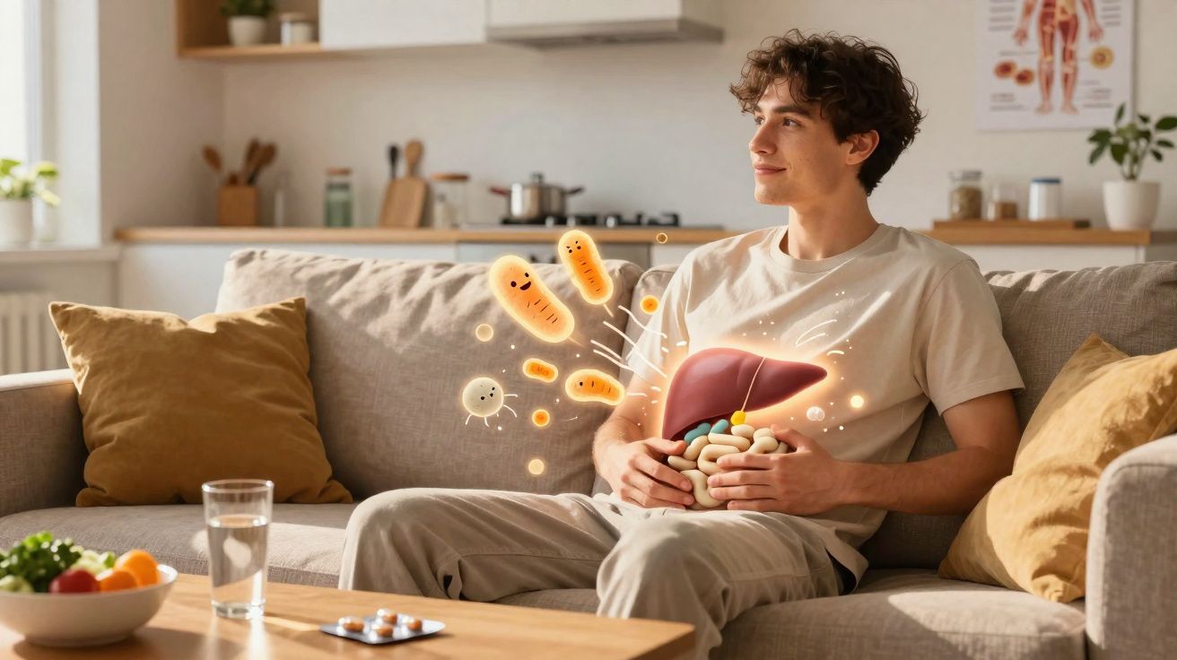 Homme assis sur un canapé avec illustration animée d'organes digestifs et microbes intestinaux lumineux.