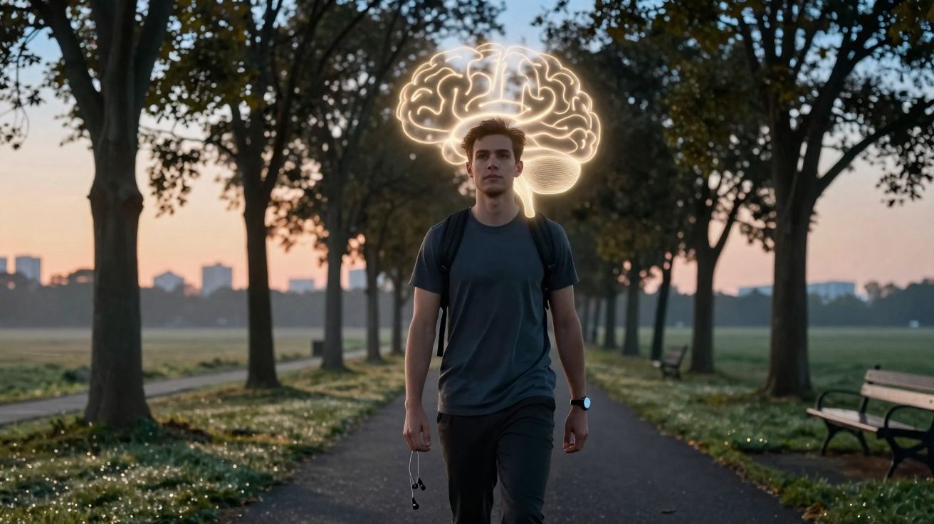 Jeune homme marchant dans un parc au coucher du soleil avec une illustration lumineuse de cerveau au-dessus de sa tête.