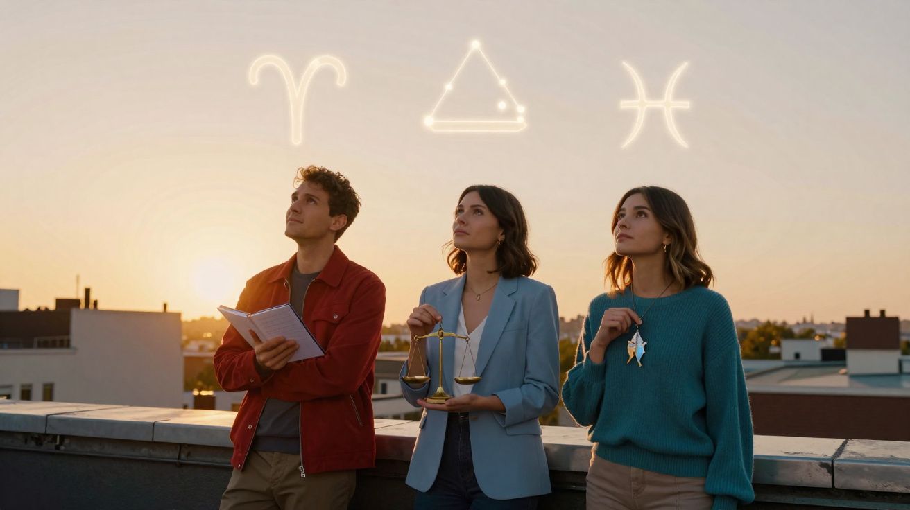 Trois personnes regardant les signes astrologiques du Bélier, de la Balance et des Poissons au coucher du soleil.